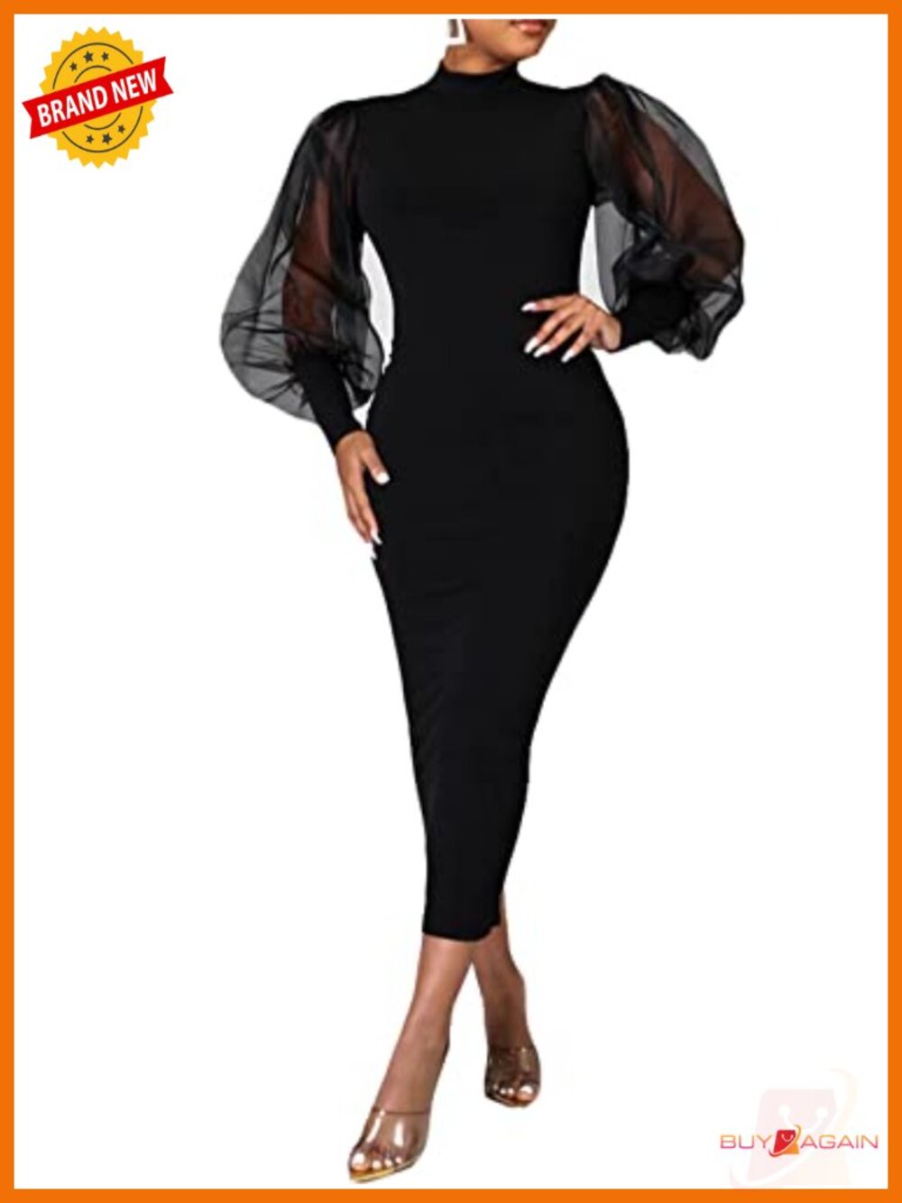 Women Sheer Mesh Puff Lantern Sleeve Bodycon Midi Dress Club Party